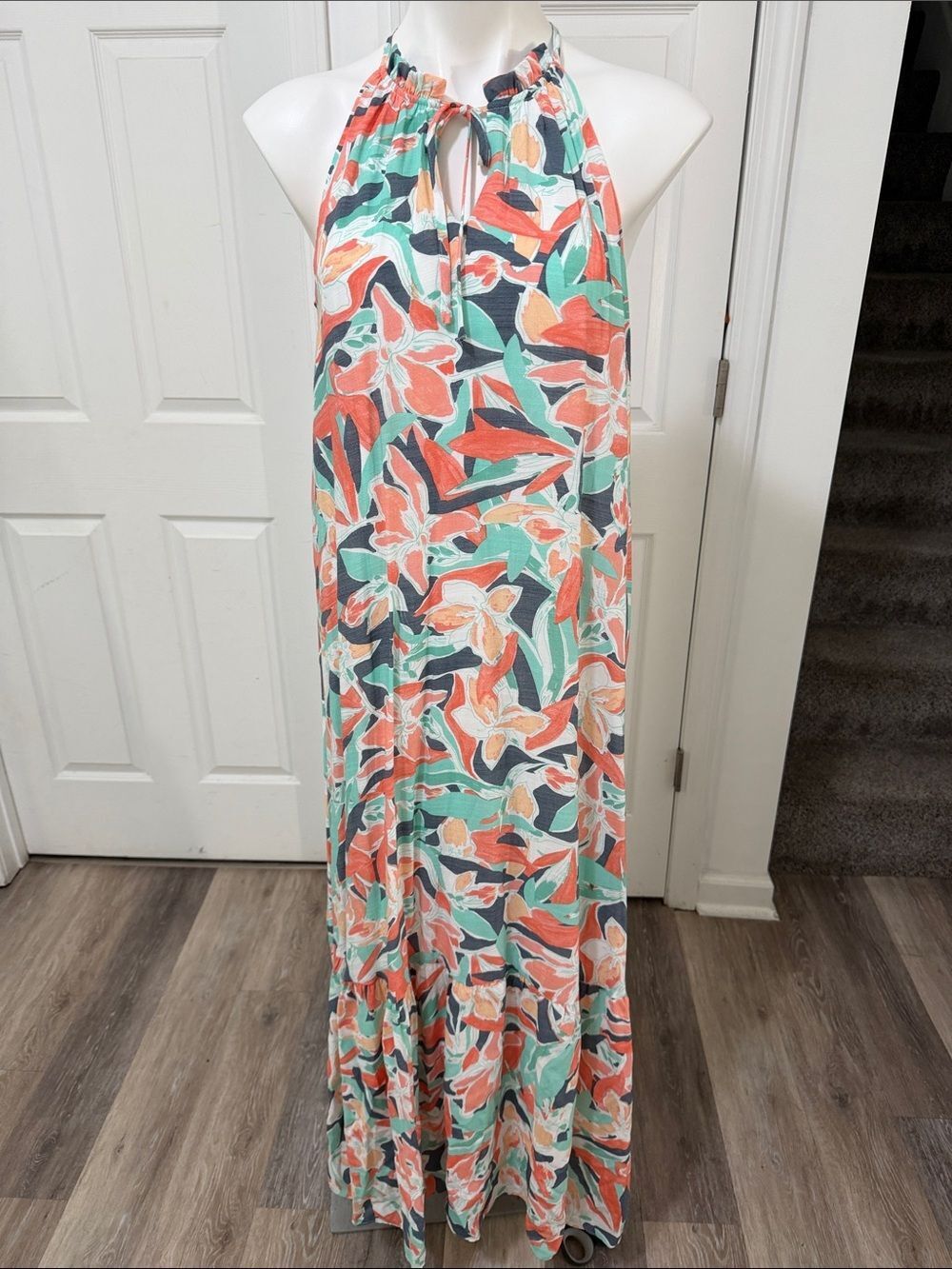Tropical Floral Halter Maxi Dress - Coral & Mint Size Medium